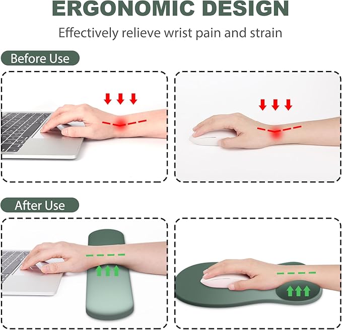 Ergonomic Mouse Pad with Wrist Rest and Keyboard Wrist Rest, Gel Mousepad and Wrist Rest for Computer Keyboard, Non-Slip PU Base, Mouse Pad with Wrist Support for Gaming, Sage Green