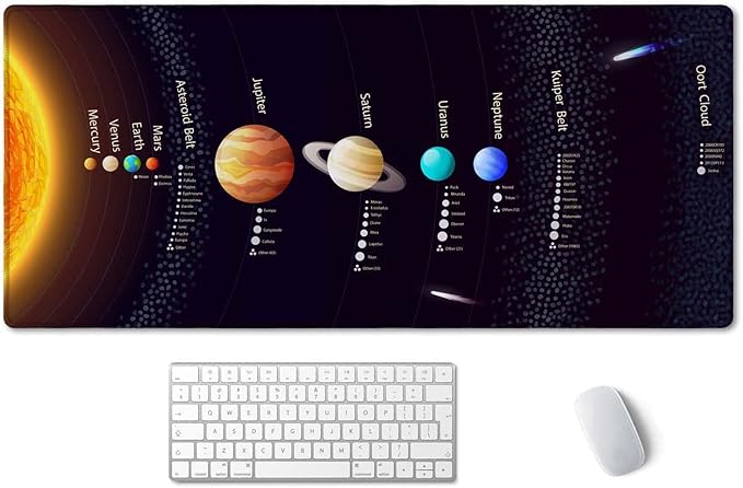 SSOIU Extended Gaming Mouse Pad XXL ArtSo Large Keyboard Mat Long Mousepad Desk Decor Writing Pad Non Slip Rubber Base Stitched Edges for Work, 35.5" x 15.7", Solar System with Scientific Information