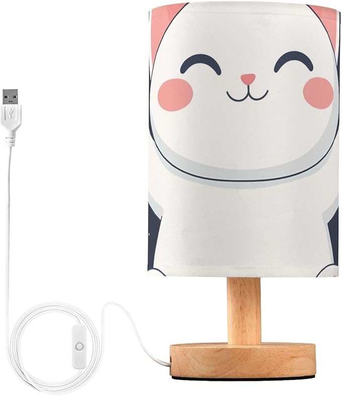 Cute Cat LED Table Lamp, Bedside Lamp with Linen Lampshade, Flicker-Free Eye Care USB Plug in Nightstand Lamp, for Bedroom and Office