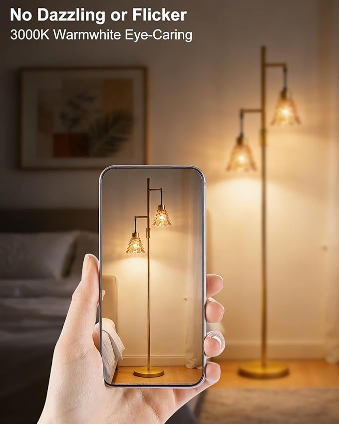 2-Light Modern Glass Floor Lamp, Gold Standing Lamp with Amber Shell Glass Shade, Dimmable LED Floor Lamp with Rotary Switch for Living Room Bedroom, Bulb Included