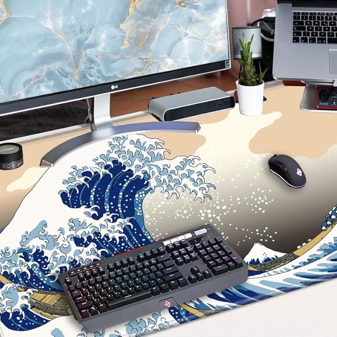 24x48 Mouse Pad Gaming Desk Mat Giant Japanese Sea Wave Mousepad Large Desk Pad Oversized Huge Computer Mat 3XL Mouse Pads for Protector Desktop Office