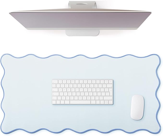 Scalloped Desk Mat Large Scalloped Piping Cute Desk Mat Aesthetic Preppy Table Pad Large Nonslip Pad with Edge Stitching Waterproof Gaming(Blue,23.62 x 13.78 Inches)