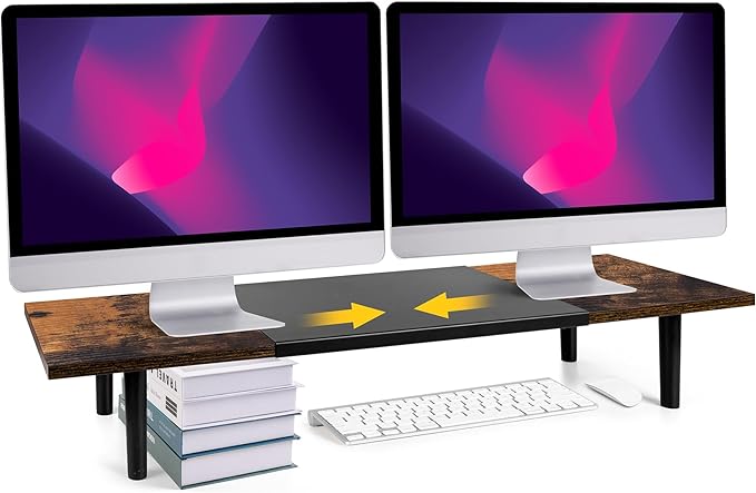 Dual-Monitor-Stand-Riser-For-Desk Adjustable Length 32-40 Inch，Large Desktop Computer Monitor Riser For 2 Screens，Desk Shelf Organizer Riser Stand For Computer/Laptop/PC/Printer/TV Black