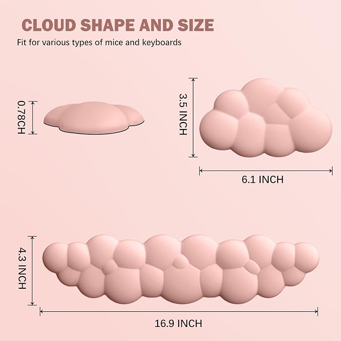 Cloud Keyboard Wrist Rest Mouse Pad Set, PU Leather Memory Foam Wrist Cushion Support, Mouse Wrist Pad, Non-Slip Wrist Support for Home, Office, Light Pink Cloud