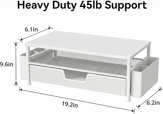 Desk Organizer and Accessories, 2-Tier Computer Monitor Stand Rise with Storage Drawer & 2 Pen Holders, Laptop & Printer Stand for Desktop, Workspace Organizers for Office Supplies (White)