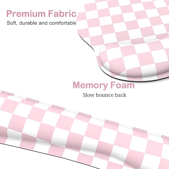 Ergonomic Mouse Pad with Wrist Rest and Keyboard Wrist Rest, Mousepad and Wrist Rest for Computer Keyboard, Non-Slip Base, Mouse Pad with Wrist Support for Gaming, Office, Pink Checkered