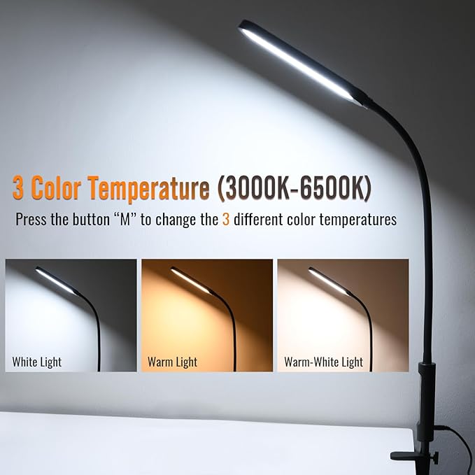 Clamp Lamp, Ultra Bright Clip on Light, CRI>95,18W, 3000 LMS, 3 Color Modes, Soft Touch Control with Timer, Eye-Caring Task Lamp with Remote for Reading, Home, Office (Adapter Included)