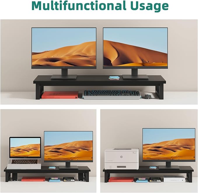 YAOHUOO Dual Monitor Stand Riser, 39Inch Large Monitor Stands for 2 Monitors, Computer Monitor Stand, Wooden Desktop Oraganizer Shelf for Office Desk Computer,Laptop,TV