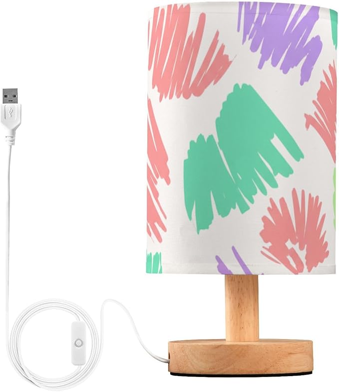 Colorful Brush LED Table Lamp, Bedside Lamp with Linen Lampshade, Flicker-Free Eye Care USB Plug in Nightstand Lamp, for Bedroom and Office