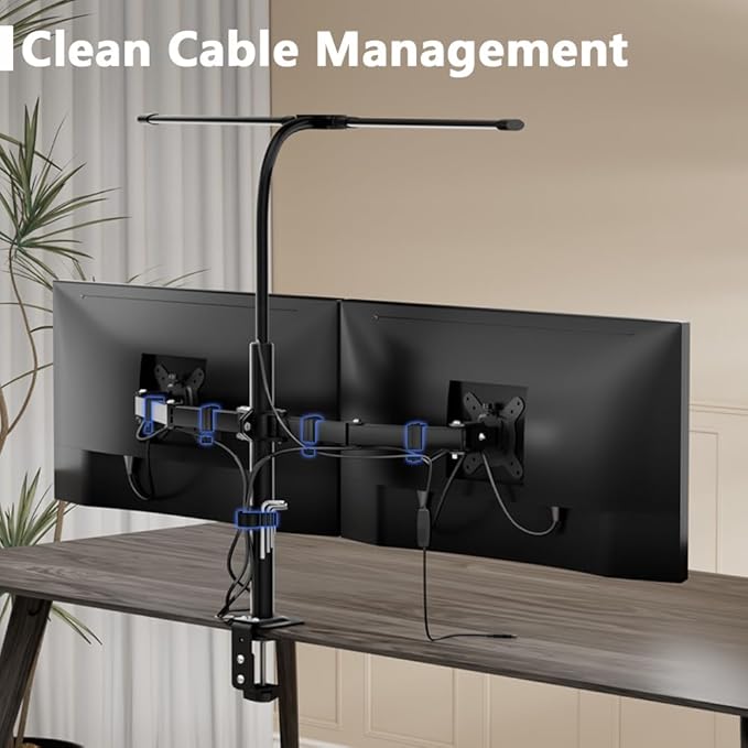 Dual Monitor Stand with LED Desk Lamp,Dual Monitor Mount for Desk Holds up to 30 Inches Screens, Supports 19.84 lbs per Monitor Arm, Swivel, Rotate and Tilt 2 Monitor Desk Mount
