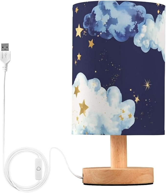 Starry Sky LED Table Lamp, Bedside Lamp with Linen Lampshade, Flicker-Free Eye Care USB Plug in Nightstand Lamp, for Bedroom and Office