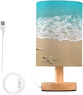 Seaside Beach Bedside Table Lamp for Bedroom Nightstand, Small Eye Care LED Desk Reading Lamp USB Port Wood Base Round Flaxen Fabric Shade for for Kids Room Living Room Office Desk