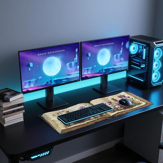 Bookshelf Desk Mat Gaming Mouse Pad Mystic Plants Dark Grimoire Magic Skull Mousepad for Keyboard and Mouse Extra Large Full Desk Computer Pads 31.5 x 11.8 Mouse Pads for Desk Home Office Gaming