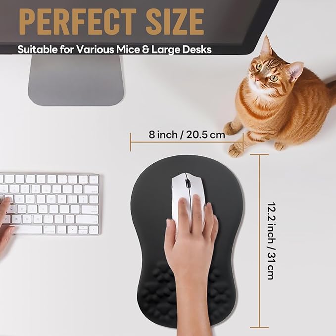 Black Ergonomic Mouse Pad with Wrist Rest Support,Non-Slip PU Bottom & Memory Foam Massage Bulge Cat Paw Pad Design,Relieves Carpal Tunnel Pain-an Ideal Mousepad for Office Desk Accessories