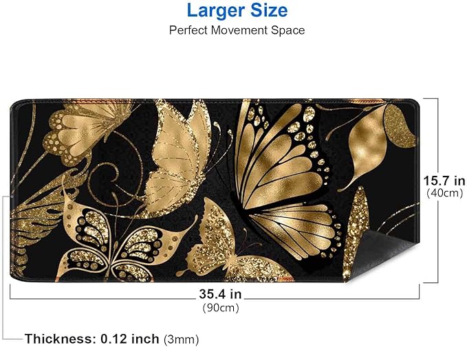 IMAYONDIA Black and Gold Desk Mat (35.4x15.7 in), XL XXL Gaming Large Mouse Pad, Non-Slip Rubber Base Big Keyboard Deskmat for Desktop, Computer Accessories, Butterfly Gold Glitter Foil Art