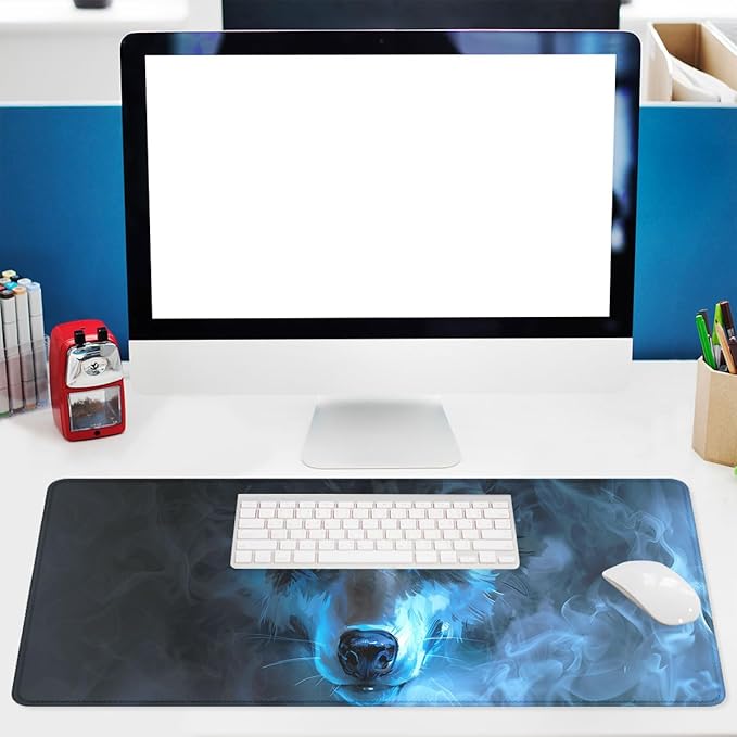 Wolf Gaming Mouse Pad Misty Wolf Blue Eye Cool Animal XL Mouse Pad Large Mousepad Extended Laptop Keyboard Mat Gaming Desk Pad Mouse Mat 35.4"x15.7" Office Computer Keyboard Laptop Home