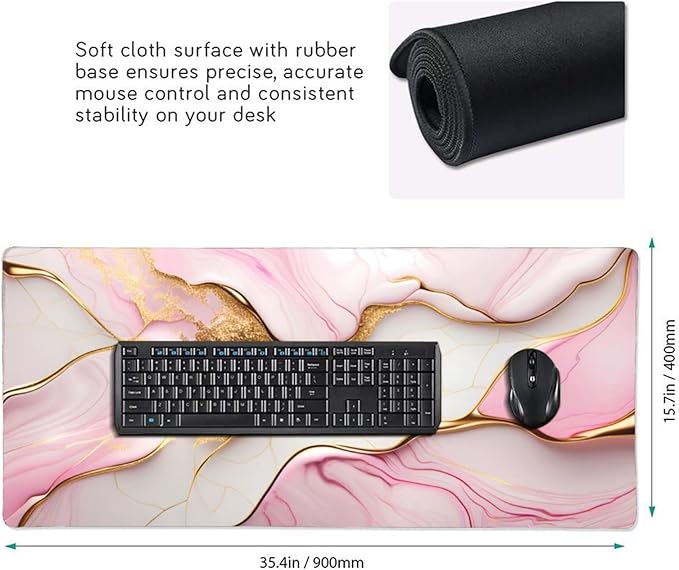 Gaming Mouse Pad,Large Mouse Pads for Desk,Non-Slip Rubber Base Extended Mousepad,XXL Keyboard Mouse Mat,Computer Keyboard Desk Pad with Stitched Edges,35.4x15.8inch,Pink Gold Marble