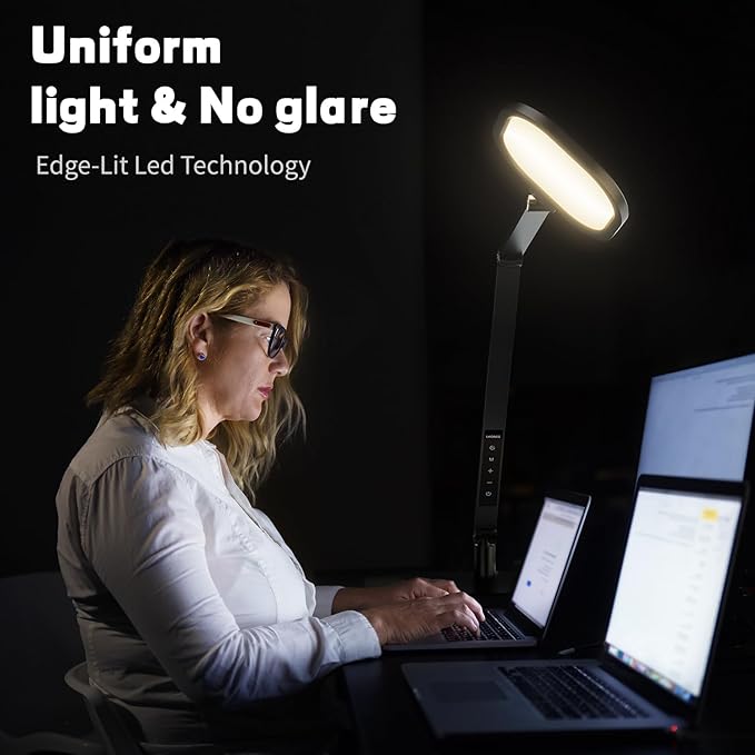 LED Desk Lamp for Home Office – Professional Eye-Caring Soft Diffused Light, Dimmable Desk Lamp with Adjustable Metal Swing Arm, Memory & Timer, Modern Anti-Glare Table Lamp