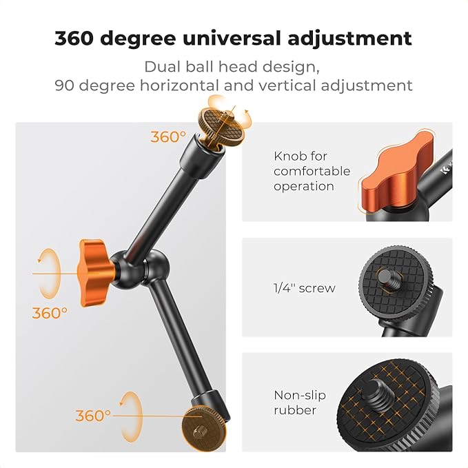 K&F CONCEPT 9.8" Magic Arm, 1/4" Screw Camera Mount Arm 360° Ball Heads for DSLRs, Monitor, Flash, LED Light, Microphone, Camera Cage, Action Camera