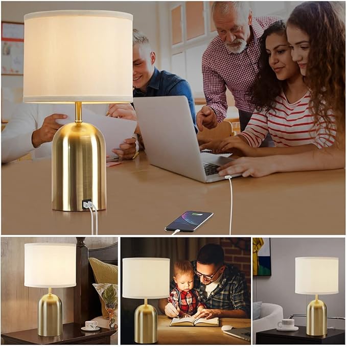 GyroVu Touch Control Table Lamps Set of 2, Gold Bedside Table Lamps for Bedroom Living Room Office, Modern Dimmable Desk Lamp for Nightstand with 2 USB Charging Ports, 2 Bulbs Included