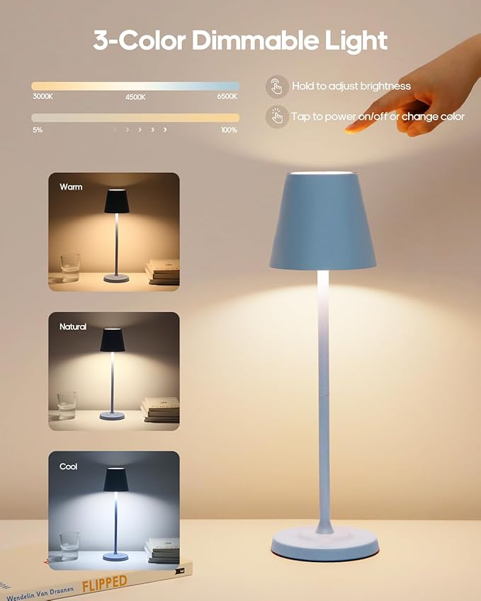 GOODEA LED Cordless Table Lamp Rechargeable, 3-Height Adjustable, 5500mAh Battery Operated Lamp, 3-Color Dimming Touch Lamp, Portable Lamp for Dining, Bedroom,Camping, Outdoor, Indoor(Blue 1 Pc)