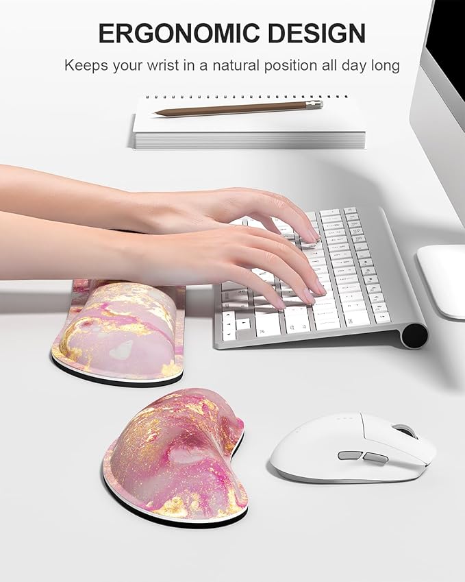 Auhoahsil Large Mouse Pad with Wrist Rests for Keyboard & Mouse, Thick Soft Ergonomic Memory Foam Wrist Supports, Big & Long Desk Mat 35.5 x 15.7 in, for Office Gaming Computer, Pink Gold Marble