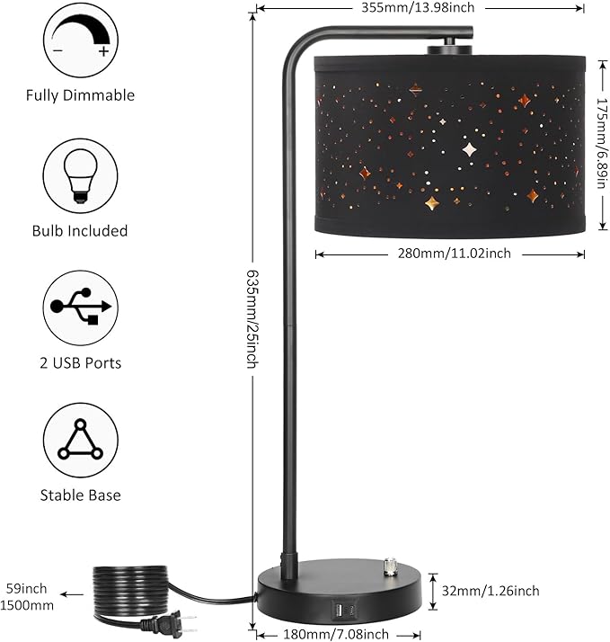 Bedside Table Lamp with USB C+A Ports, Fully Dimmable Modern Nightstand Side Lamps with Stars Shade, Tall Desk Reading Lamps for Living Room Bedroom 3000k LED Bulb Included
