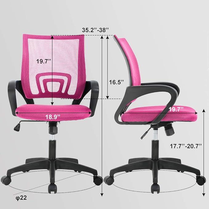 BestOffice | Ergonomic Office Chair | Mid-Back Swivel Desk Chair | Breathable Backrest & Lumbar Support | Adjustable Height | Sponge Seat | Rolling Wheels | Pink | for Adults & Women | Pack of 2