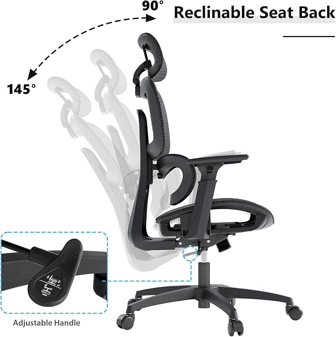 Ergonomic Mesh Office Chair, Adjustable Headrest, 3D Armrests, Lumbar Support, Tilt Lock Function, Breathable High-Back Desk Chair Computer Chair for Home Office Work, Study, Gaming, Black