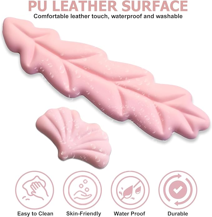 Ergonomic Keyboard Wrist Rest, Leaf Shape PU Leather Memory Foam Wrist Support for Computer Keyboard, Keyboard Pad and Cute Mouse Wrist Pad for Gaming,Office, Computer, Typing, Pastel Pink
