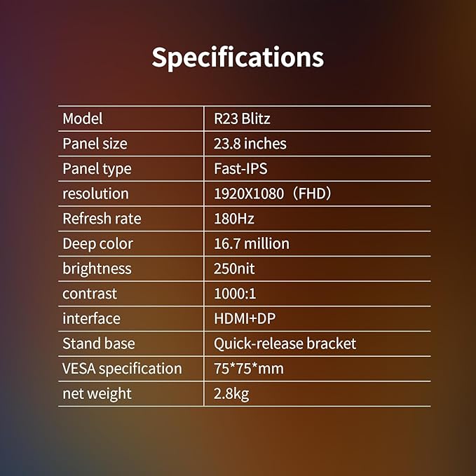 23.8inch 180Hz Gaming Monitor,FHD (1920 x 1080P), 1ms Response Time 100% sRGB Computer Monitor, Fast-IPS Panel, FreeSync & G-Sync, HDMI & DP & USB Ports VESA Compatible, (R23 Blitz)