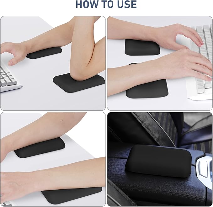 Leolee Elbow Rest Pads for Desk, Black Ergonomic Arm Rest Pads with Memory Foam & Non-Slip Base, Armrest Cushion Support Pad Relieve Elbow and Wrist Pain for Computer, Office, 2 Packs