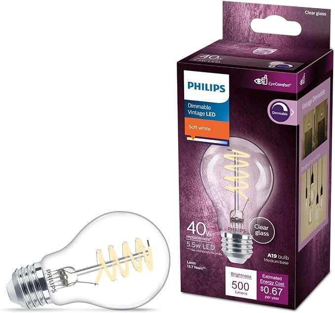 PHILIPS LED 40W A19 1-Pack Vintage Edison Spiral Soft White (2700K) 500 Lumen (5.5W = 40W) Dimmable Clear Flicker-Free Light Bulb