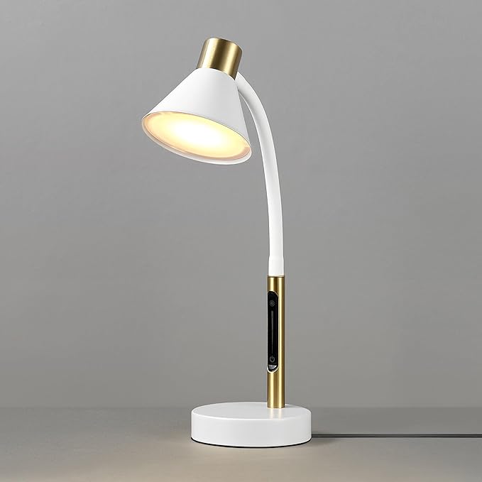 Globe Electric 62000035 15" LED Integrated Desk Lamp, Matte White, Brass Accent, Adjustable Gooseneck, Dimmable, 3 Color Temperature, 7.5W, 90 CRI, 400 Lumens, Reading Light, Dorm Room Essentials