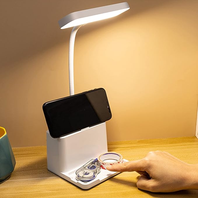 TOPROAD LED Small Desk Lamp with Pen Holder/Phone Holder Function, Rechargeable Desk Light with Flexible Gooseneck, 3 Modes, Eye Caring, Small Study Lamp for Kids, Home, Office, College Dorm Room