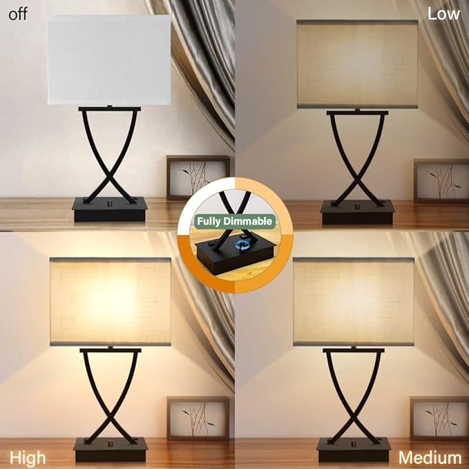 Fully Dimmable Medium Table Lamp for Bedroom with Type C/USB Charging Port and 1 AC Outlet White Shade 21.38" Bedside Nightstand Lamp for Living Room Office and Hotel Bulb Included