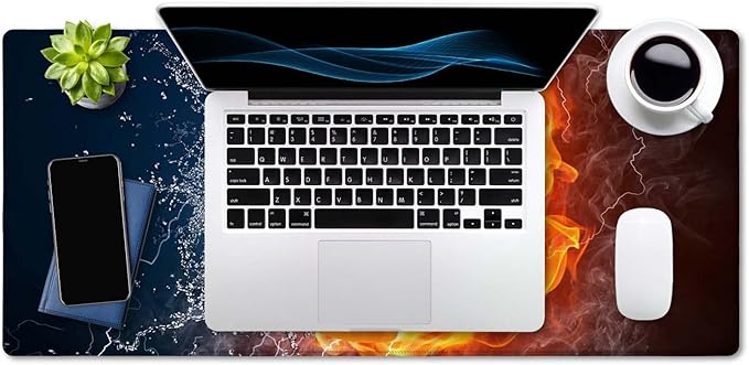 SSOIU Extended Gaming Mouse Pad (35.5x15.7 in), Basketball Ball in Fire and Water Large Non-Slip Rubber Base Mousepad with Stitched Edges, Waterproof Keyboard Mouse Mat Desk Pad for Work, Game, Office
