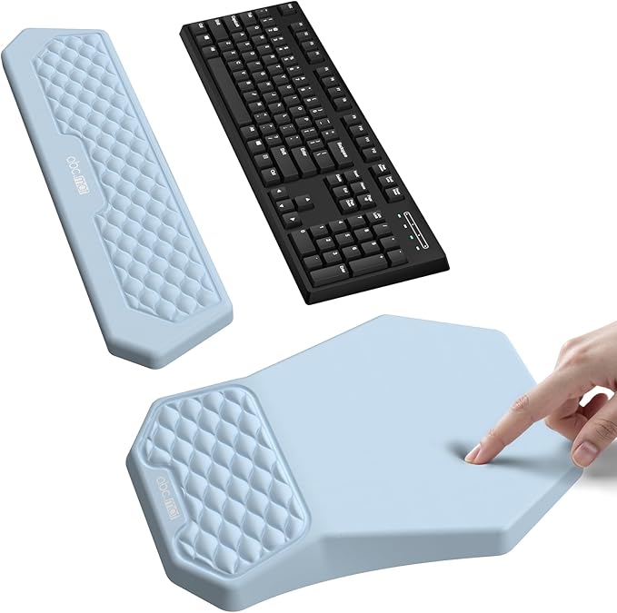 Ergonomic Mouse Pad and Keyboard Wrist Rest Support Set, Massage Design Mousepad for Carpal Tunnel, Memory Foam, Non-Slip PU Base for Computer Desk, Baby Blue