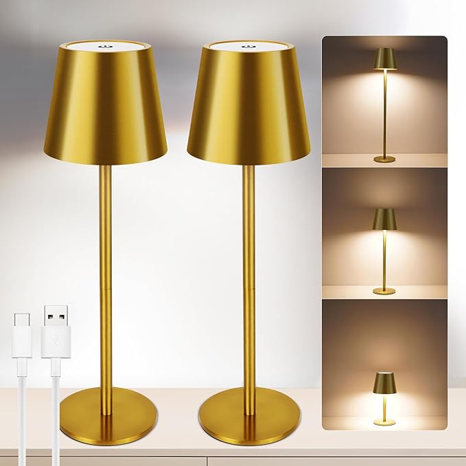 Gold Cordless Table Lamp Set of 2 - 8-20 Inches Adjustable Height, 5000mAh Rechargeable Battery LED Desk Lamp, 3 Color Stepless Dimmable, Portable Waterproof Metal Table Light for Indoor/Outdoor