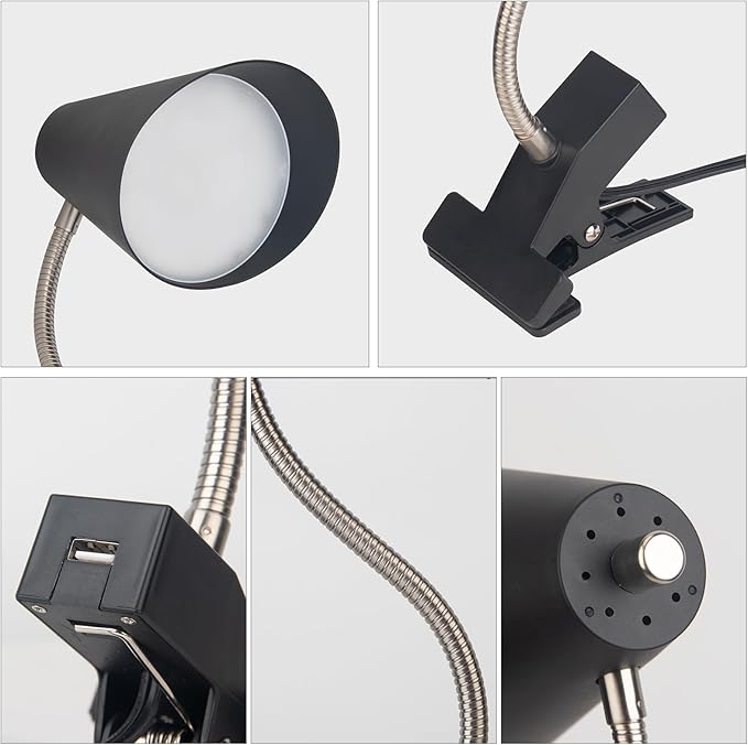 LED Clip on Desk Lamp with 1 USB Charging Port, Portable 360°Rotation Gooseneck Clip on Lamp, Clamp Light Modern Table Lamp for Reading, Working, Studying, Gentle Warm White Light, Eye Protect