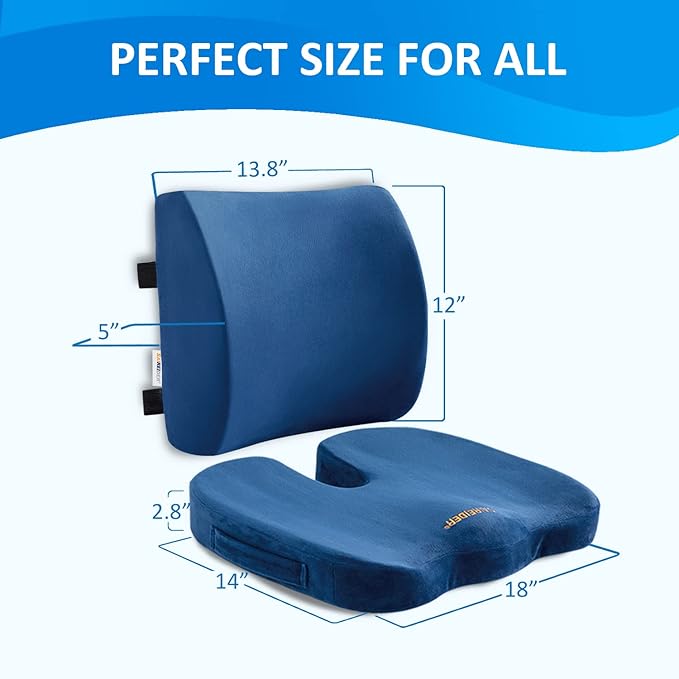 SAIREIDER Chair Cushion and Lumbar Support Pillow for Office Chair, Car Seat Cushions Back Support Pillows, Memory Foam Chair Support for Back & Lumbar, Ergonomic Coccyx & Lumbar Support (Blue)