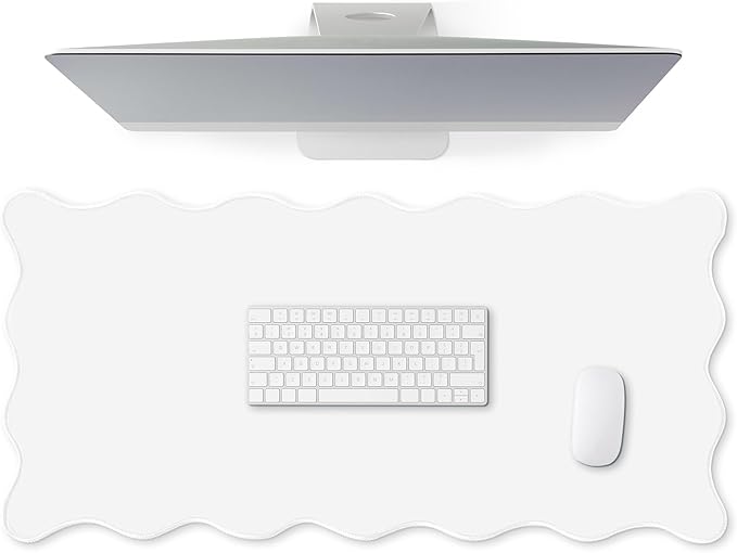 Scalloped Desk Mat Large Scalloped Piping Cute Desk Mat Aesthetic Preppy Table Pad Large Nonslip Pad with Edge Stitching Waterproof Gaming(White,31.5 x 15.75 Inches)