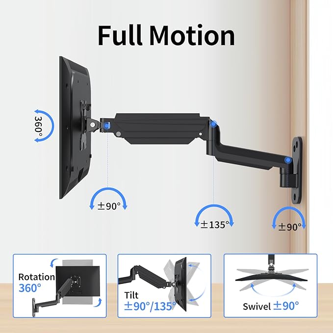 suptek Single Monitor Wall Mount for 17 to 32 Inch Screens, Gas Spring Monitor Arm Wall Mount Holds Up to 17.6lbs, Full Motion Adjustable,VESA Mount 75x75, 100x100(WM01A)