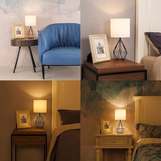 COTULIN Black Bedside Table Lamps Set of 2, Small Nightstand Lamps for Bedroom, Modern Desk Lamps with TC Fabric Shade Geometric Metal Base for Living Room Study Office Farmhouse