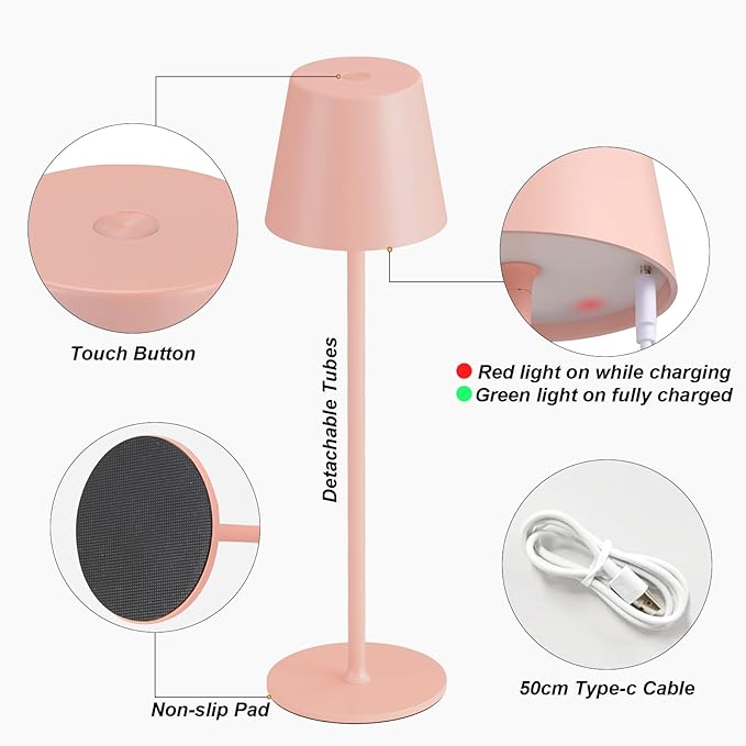 Cordless Table Lamp Rechargeable Pink - KK 2 Pack 5000mAH Battery Operated Lamp for Counter, 3 Color Stepless Dimming Waterproof LED Wireless Lamp for Dining Kitchen, Outdoor Patio, Touch Control