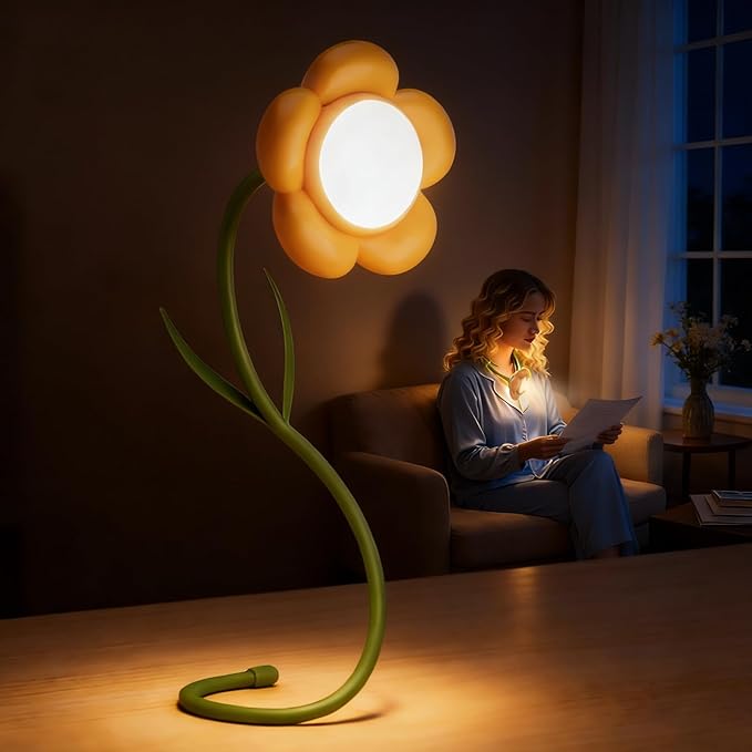 Sunflower Desk Lamp,Rechargeable Neck Reading Light with Adjustable Flexible Gooseneck 3 Color Modes Adjustable Brightness,Cute Desk Lamp for Kids,Great Gift for Kids,Friends(Yellow)