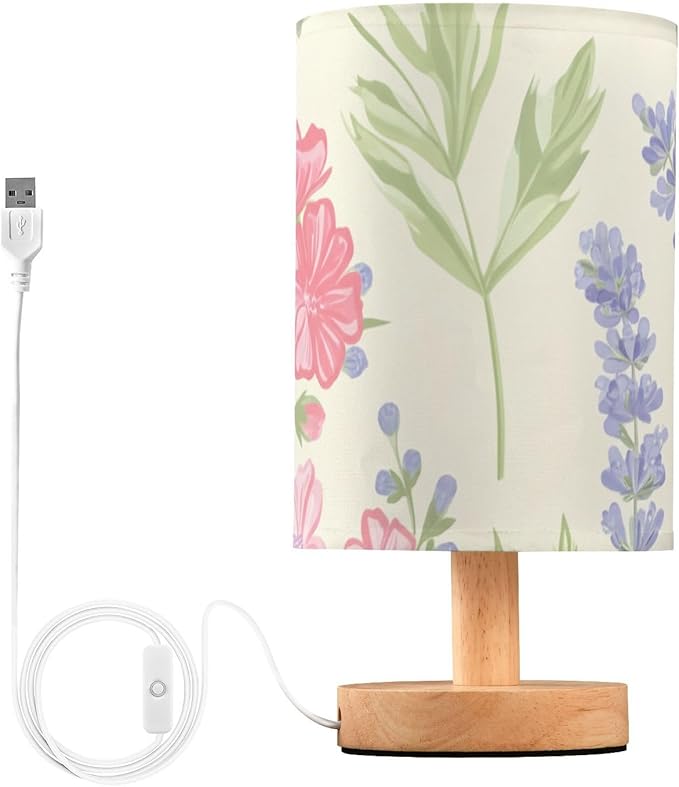 Beautiful Floral LED Table Lamp, Bedside Lamp with Linen Lampshade, Flicker-Free Eye Care USB Plug in Nightstand Lamp, for Bedroom and Office