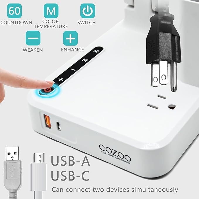 COZOO LED Desk Lamp with 2 USB Charging Ports,Type C Port,1 AC Outlet,2 Pen Holders,3 Color Temperature 3 Brightness Level,Touch/Memory/Timer,10W Eye Protection Foldable Reading Light,Study Lamp-White