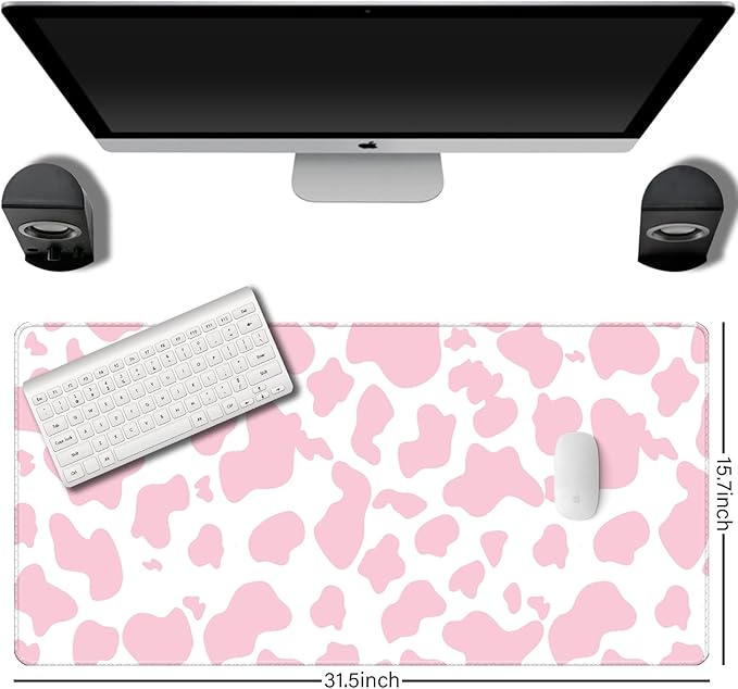 Extended Large Computer Gaming Mouse Pad Desk Mat(31.5×15.7 in),Desk Pad with Non-Slip Base and Stitched Edges,Suitable for Work Office Large Gaming Mouse Pad Desktop Pad-Pink Cow
