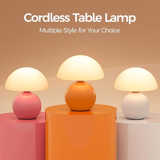 NIORSUN Mushroom Lamp Table Lamp for Bedroom, Portables Cordless Table Lamp,Wireless lamp,Small Bedside Table Touch Lamps for Living Room,Mini Mushroom 5200mAh Battery Operated Lamp Modern Orange
